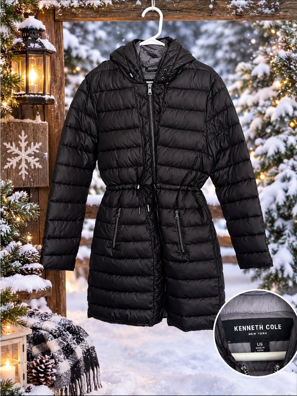Kenneth Cole Women's Black Hooded Long Puffer Jacket